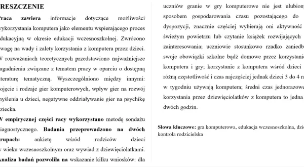 Streszczenie pracy o grach komputerowych w edukacji wczesnoszkolnej, analizujące ich wpływ na dzieci. Jak napisać recenzję książki naukowej o tym temacie?