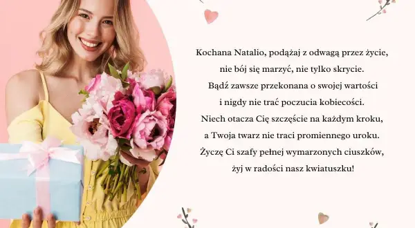 Uśmiechnięta dziewczyna w żółtej sukience z bukietem kwiatów i prezentem. Wierszyk dla Natalii, pełen życzeń i pozytywnej energii.