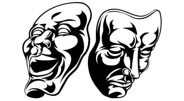 Dwie maski teatralne, jedna śmiejąca się, druga smutna, symbolizują co to jest tragizm i komizm w sztuce.