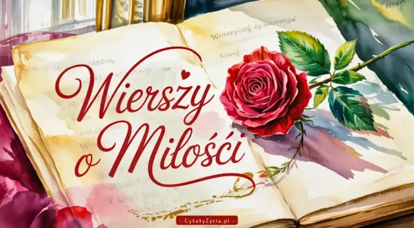Otwarta księga z napisem "Wierszy o Miłości" i czerwoną różą. Wiersze o miłości, tęsknocie i smutku zaklęte w słowach i kwiatach.