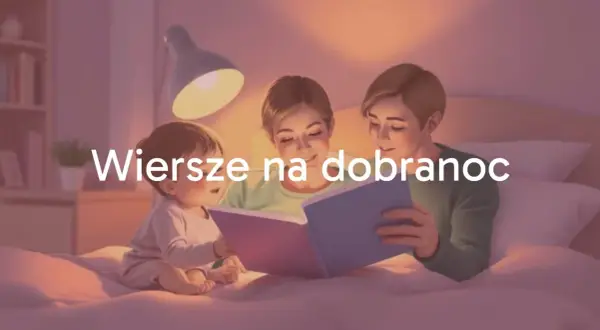 Rodzina czyta piękne wierszyki na dobranoc przy lampce.