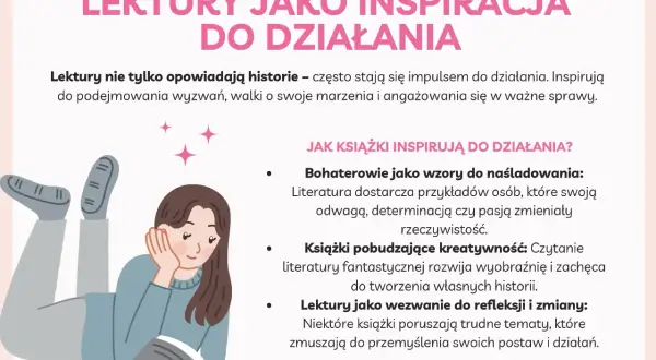 Dziewczyna czyta książkę, a tekst wyjaśnia, dlaczego warto czytać lektury: inspirują do działania, pokazują wzory do naśladowania i pobudzają kreatywność.