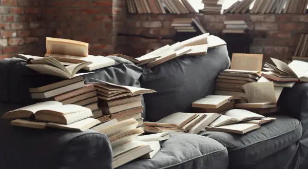 Stare książki na kanapie, stosy i otwarte tomy. Zastanawiasz się, gdzie oddać stare książki? Może biblioteka lub lokalna akcja charytatywna?