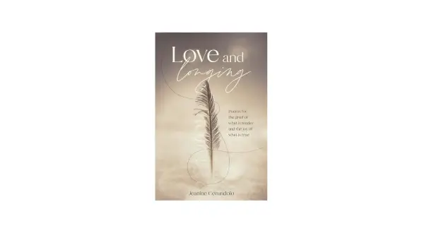 Okładka książki "Love and Longing" z piórkiem i tekstem o miłości i tęsknocie.