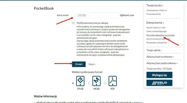 Ustawienia konta ebookpoint: jak ściągnąć książki na Kindle. Wybierz format EPUB, MOBI lub PDF.