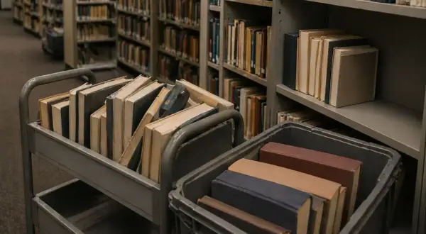 Wózki z książkami w bibliotece. Czy biblioteka przyjmuje książki? Widać regały pełne książek i wózki z nowymi pozycjami.