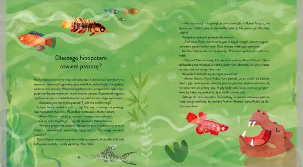 Ilustracja przedstawia hipopotama z otwartą paszczą, rybę i rośliny. Jak żuraw i czapla, co to znaczy? Hipopotam otwiera paszczę, by pokazać, że nie zjada ryb.