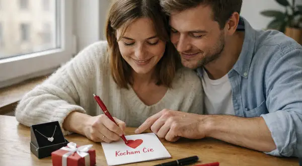 Para pisze kartkę z napisem "Kocham Cię". Obok leży prezent i naszyjnik.