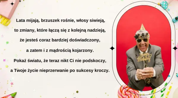 Wesołe życzenia urodzinowe wierszyki dla doświadczonego jubilata. Radosny mężczyzna w koronie i okularach z napisem "Happy Birthday".