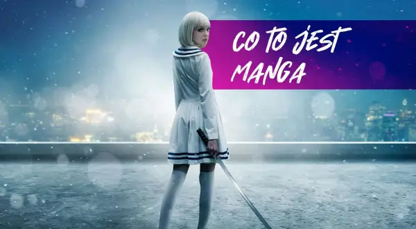 Dziewczyna w białej sukience z kataną na tle nocnego miasta i napisu "CO TO JEST MANGA".