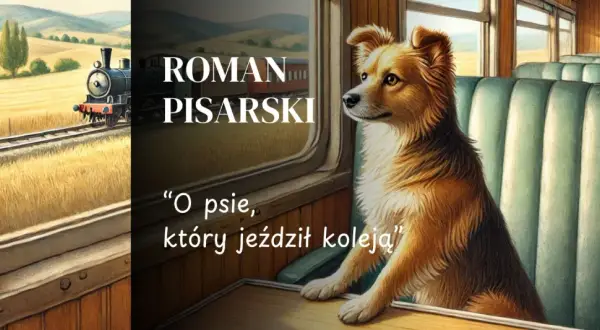 Pies siedzi w pociągu, patrząc przez okno na krajobraz. To ilustracja do książki Romana Pisarskiego "O psie, który jeździł koleją".