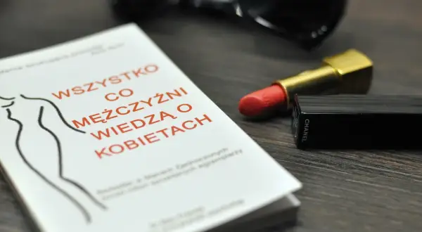Książka "Wszystko co mężczyźni wiedzą o kobietach", szminka Chanel i okulary przeciwsłoneczne.