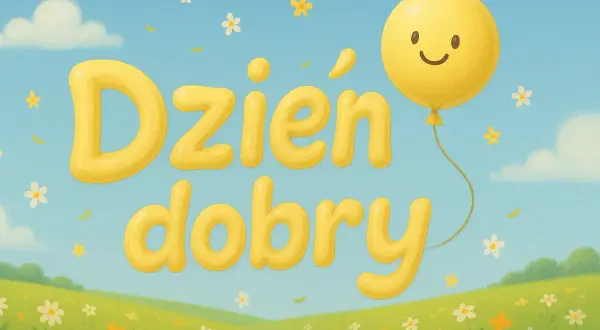 Wesołe wierszyki na dzień dobry unoszą się na błękitnym niebie z chmurkami i kwiatkami. Uśmiechnięty balonik towarzyszy napisowi.