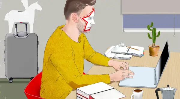 Autor z gwiazdą na twarzy pracuje przy laptopie, zastanawiając się, ile zarabiają autorzy książek. Obok walizka i pegaz.