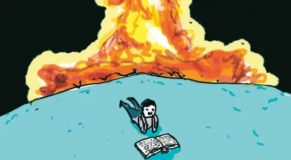 Człowiek czyta książkę na tle wybuchu. Ilustracja pokazuje, jak działa literatura Jamesa Wooda, nawet w obliczu katastrofy.