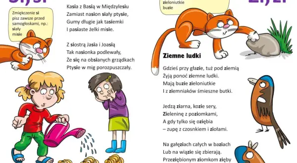 Kotek bawi się kamieniem, a obok ptaszki śpiewają. Dzieci podlewają coś, co wygląda jak ptysie. To krótkie wierszyki śmieszne.