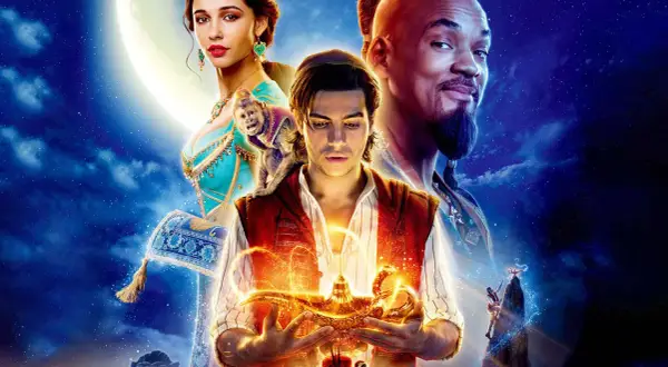 Aladyn trzymający magiczną lampę, z której wydobywa się złoty dym. Obok księżniczka Dżasmina i Dżinn.