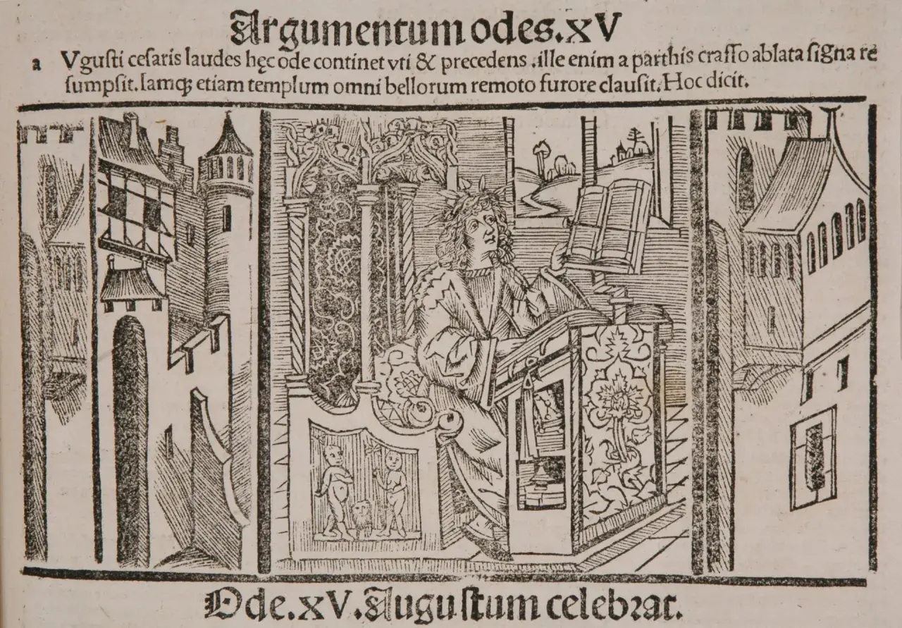 Ilustracja z tekstem "Argumentumodes.XV" przedstawia postać w wieńcu laurowym przy pulpicie, symbolizującą trwałość dzieła, co oznacza "exegi monumentum" – wzniósł pomnik.