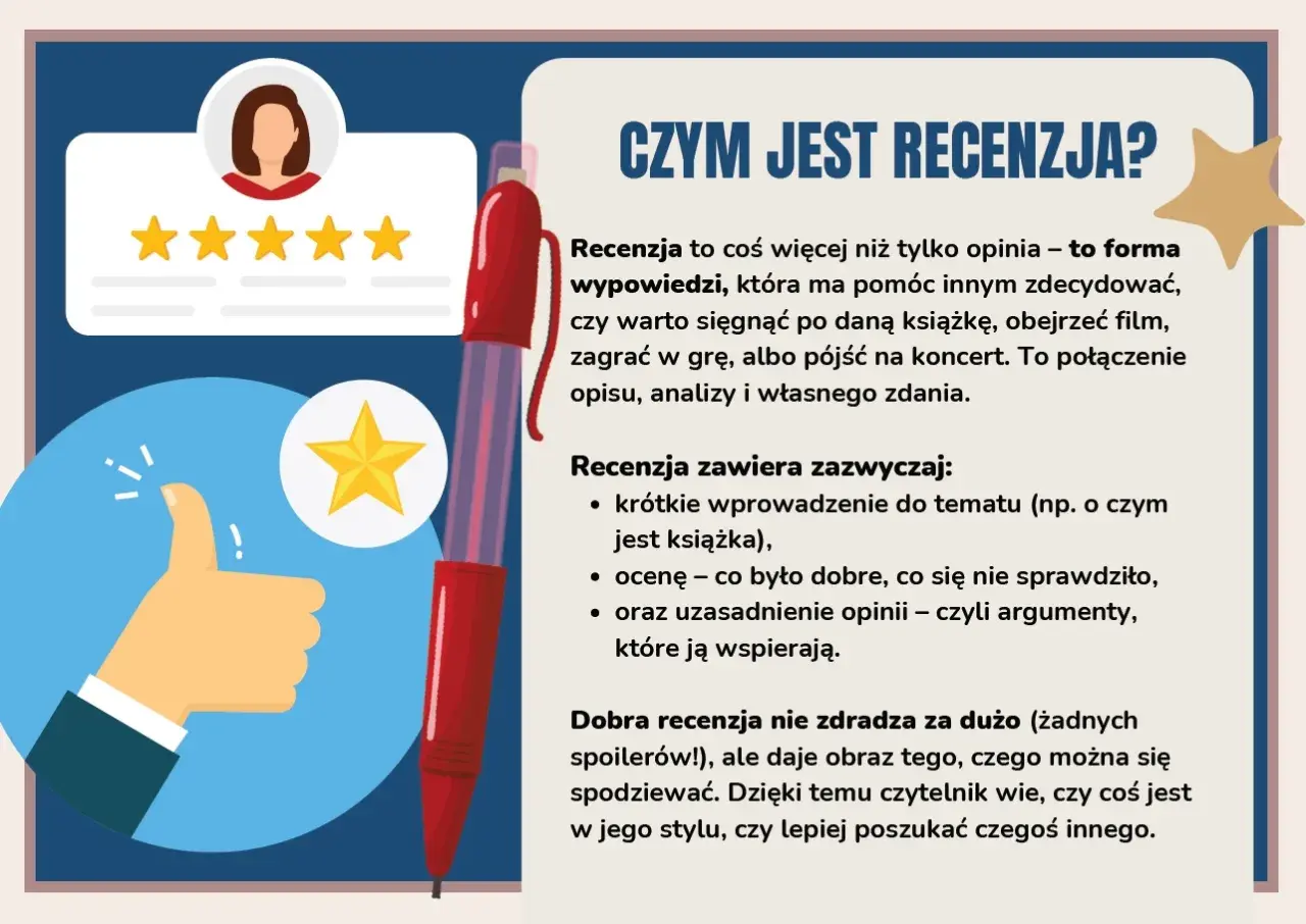 Jak napisać recenzję? Przykład: ilustracja wyjaśnia, czym jest recenzja, co zawiera i jak ją tworzyć, by była pomocna.