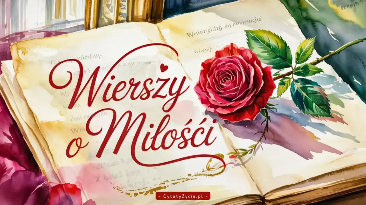 Otwarta księga z napisem "Wierszy o Miłości" i czerwoną różą. Wiersze o miłości, tęsknocie i smutku zaklęte w słowach i kwiatach.