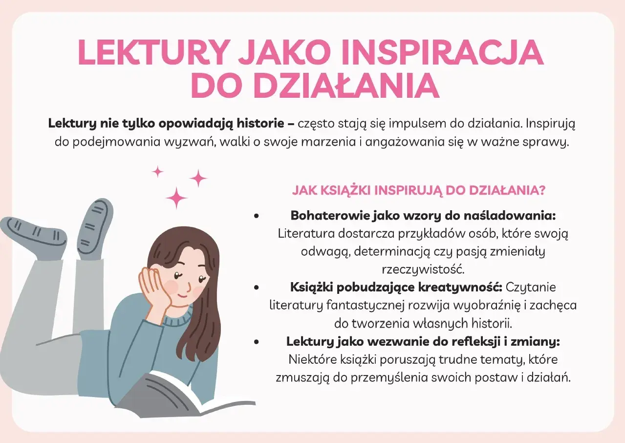 Dziewczyna czyta książkę, a tekst wyjaśnia, dlaczego warto czytać lektury: inspirują do działania, pokazują wzory do naśladowania i pobudzają kreatywność.