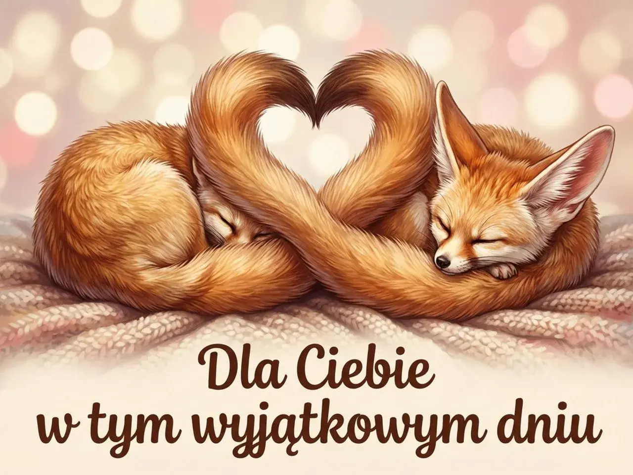 Dwa lisy fenki śpią przytulone, tworząc ogonami serce. To jak krótki wiersz dla przyjaciółki w ten wyjątkowy dzień.