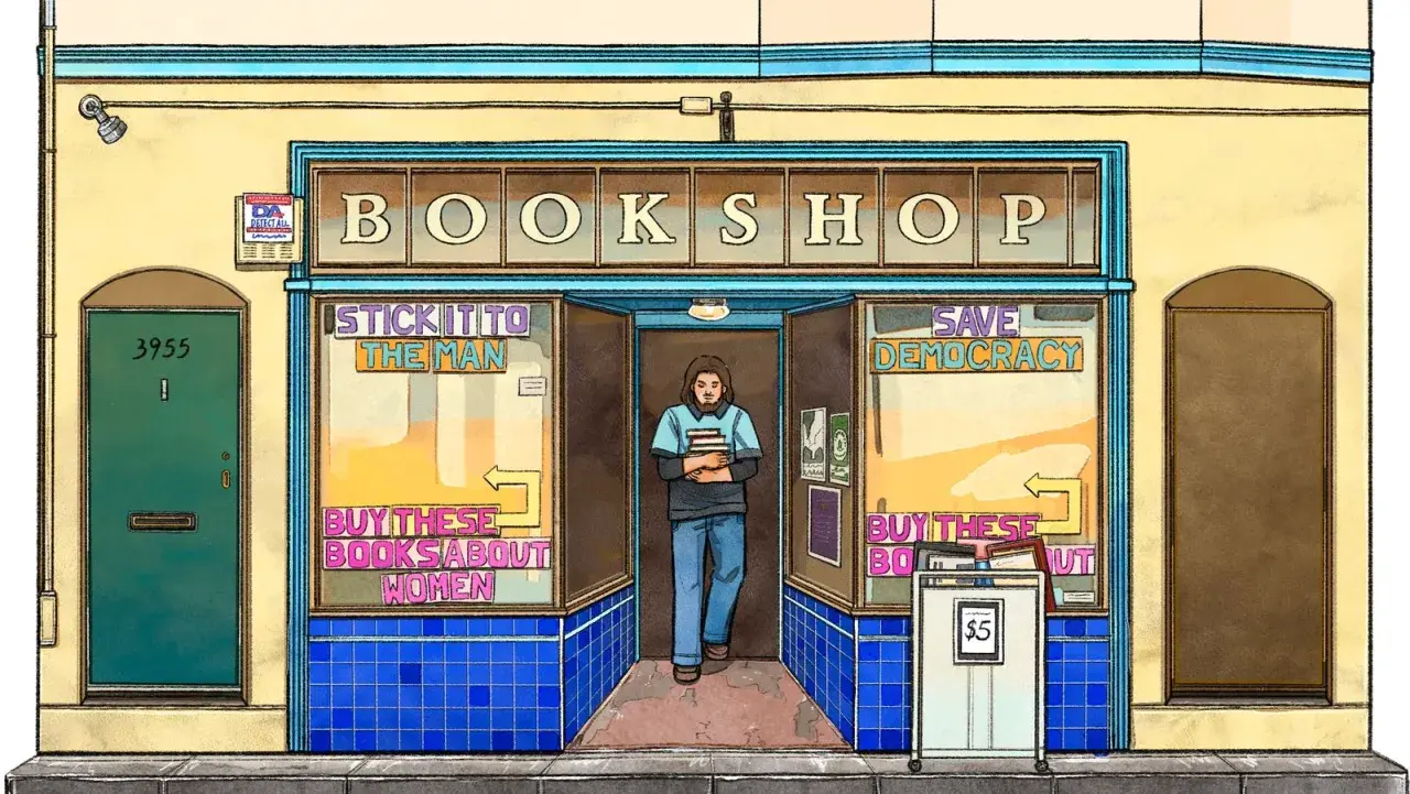 Mężczyzna wychodzi z księgarni z książkami. Szyby witryn zachęcają: "Stick it to the man", "Save democracy", "Buy these books about women". Idealne miejsce na krótkie rymowanki dla dorosłych.