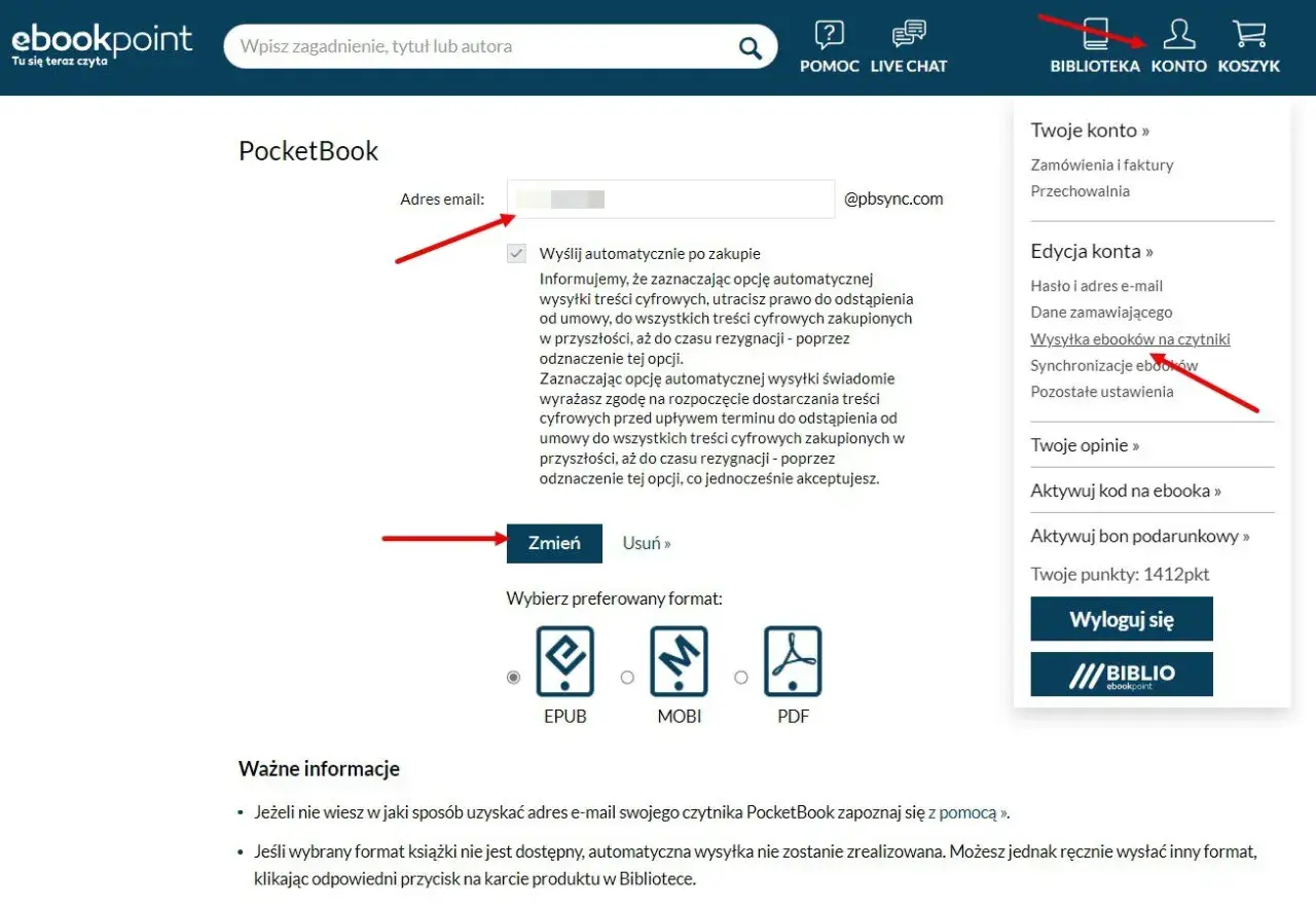 Ustawienia konta ebookpoint: jak ściągnąć książki na Kindle. Wybierz format EPUB, MOBI lub PDF.