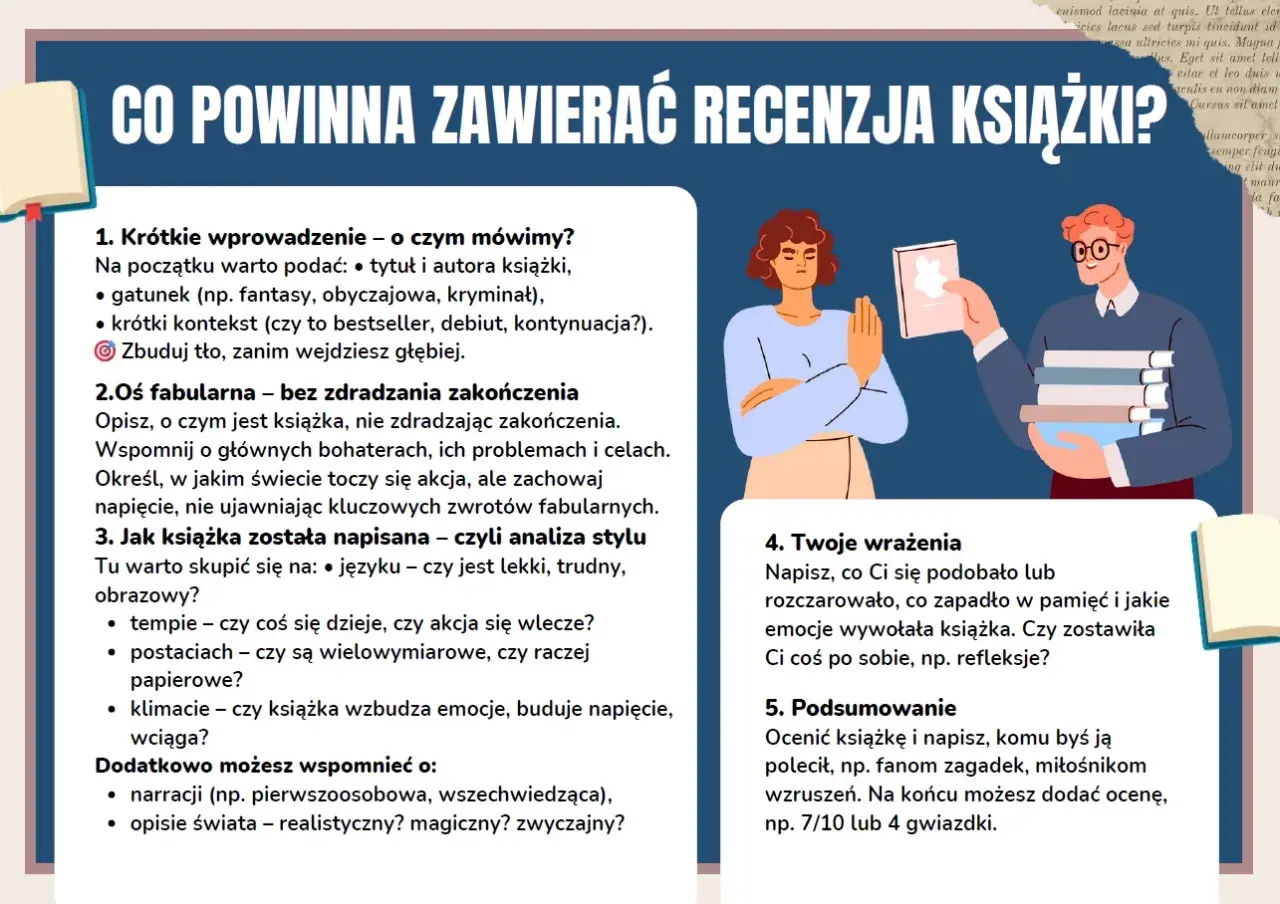 Jak napisać opinię o książce? Poradnik krok po kroku: wprowadzenie, fabuła, styl, wrażenia i podsumowanie.