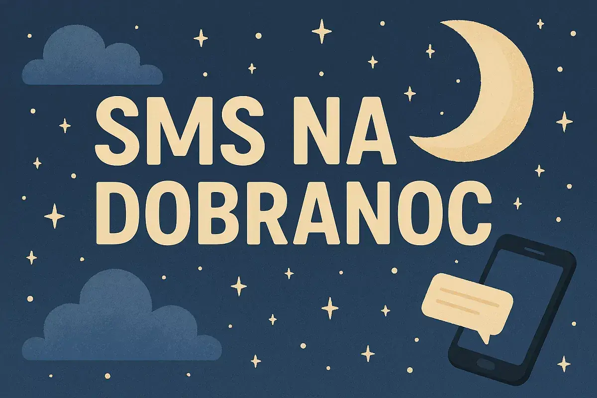 Nocne niebo z księżycem i gwiazdami. Na ekranie telefonu widnieje dymek czatu, a napis "SMS NA DOBRANOC" sugeruje śmieszne wierszyki na dobranoc.