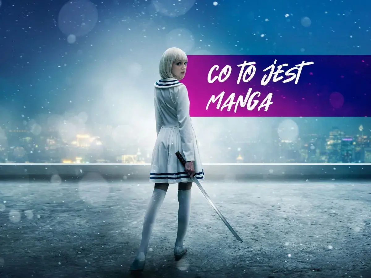 Dziewczyna w białej sukience z kataną na tle nocnego miasta i napisu "CO TO JEST MANGA".