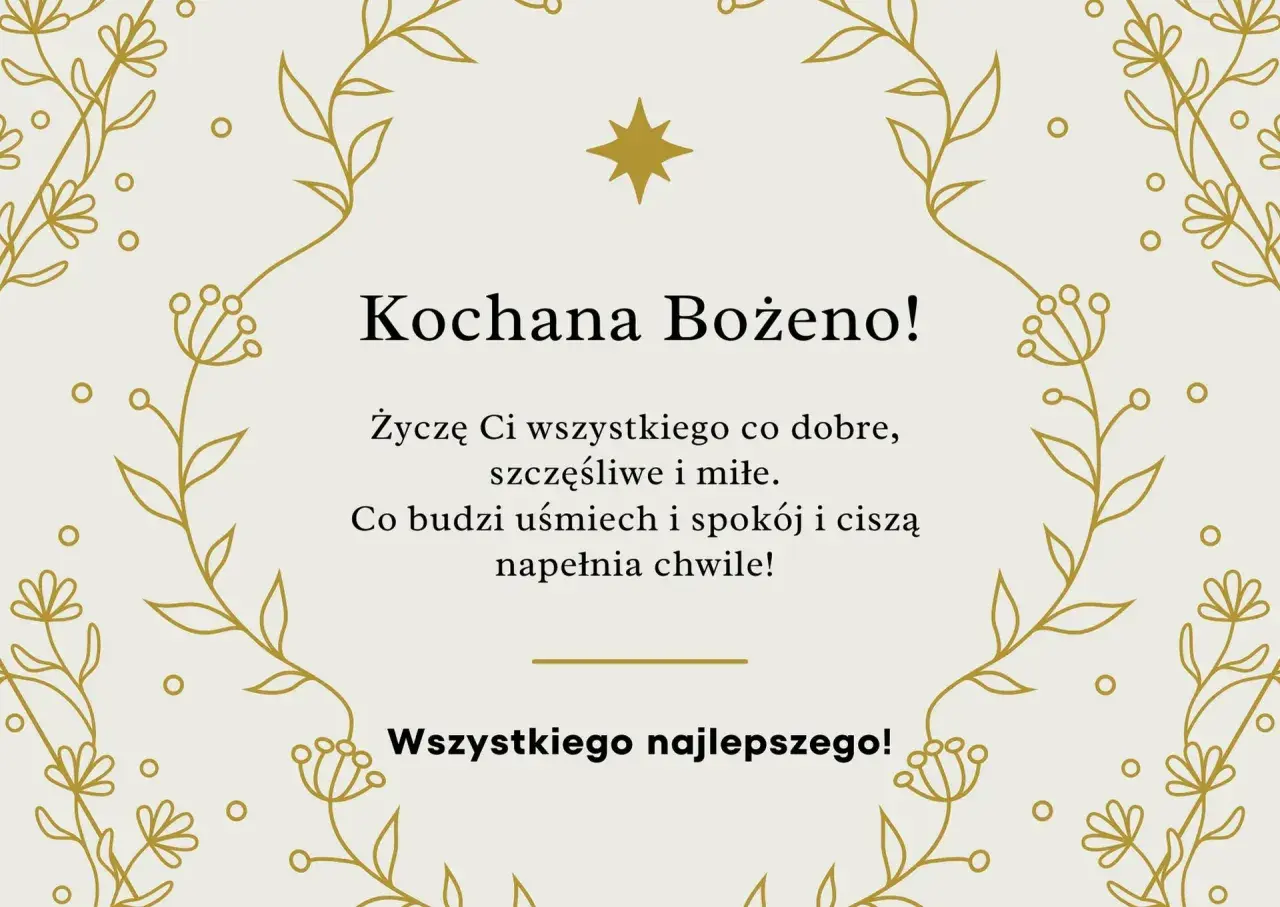Złote, delikatne ozdoby kwiatowe otaczają życzenia imieninowe dla Bożeny. Wierszyki na imieniny pełne ciepłych słów.