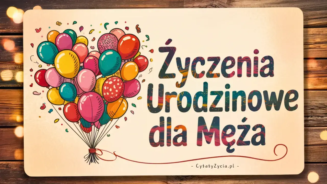 Kolorowe balony unoszą się, tworząc serce. Napis głosi: "Życzenia Urodzinowe dla Męża". To idealny wiersz dla męża od żony.