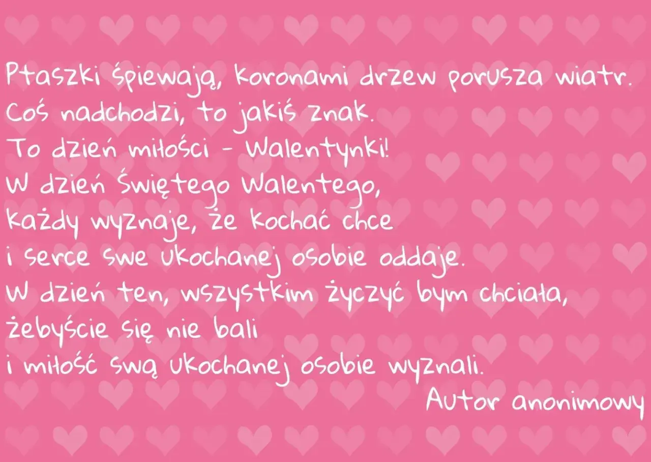Wiersze miłosne dla zakochanych na Walentynki. Romantyczny tekst o miłości i odwadze w wyznawaniu uczuć, na różowym tle z serduszkami.