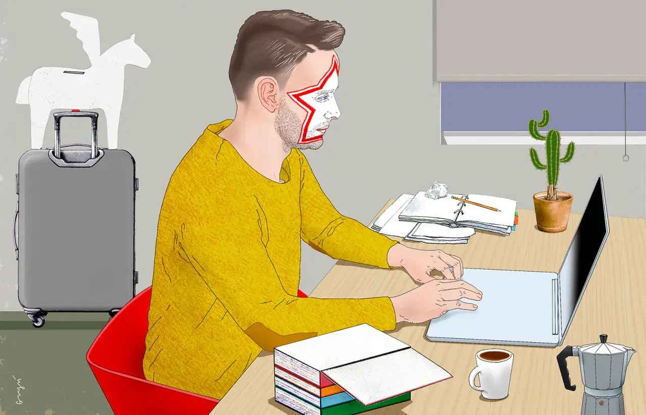 Autor z gwiazdą na twarzy pracuje przy laptopie, zastanawiając się, ile zarabiają autorzy książek. Obok walizka i pegaz.