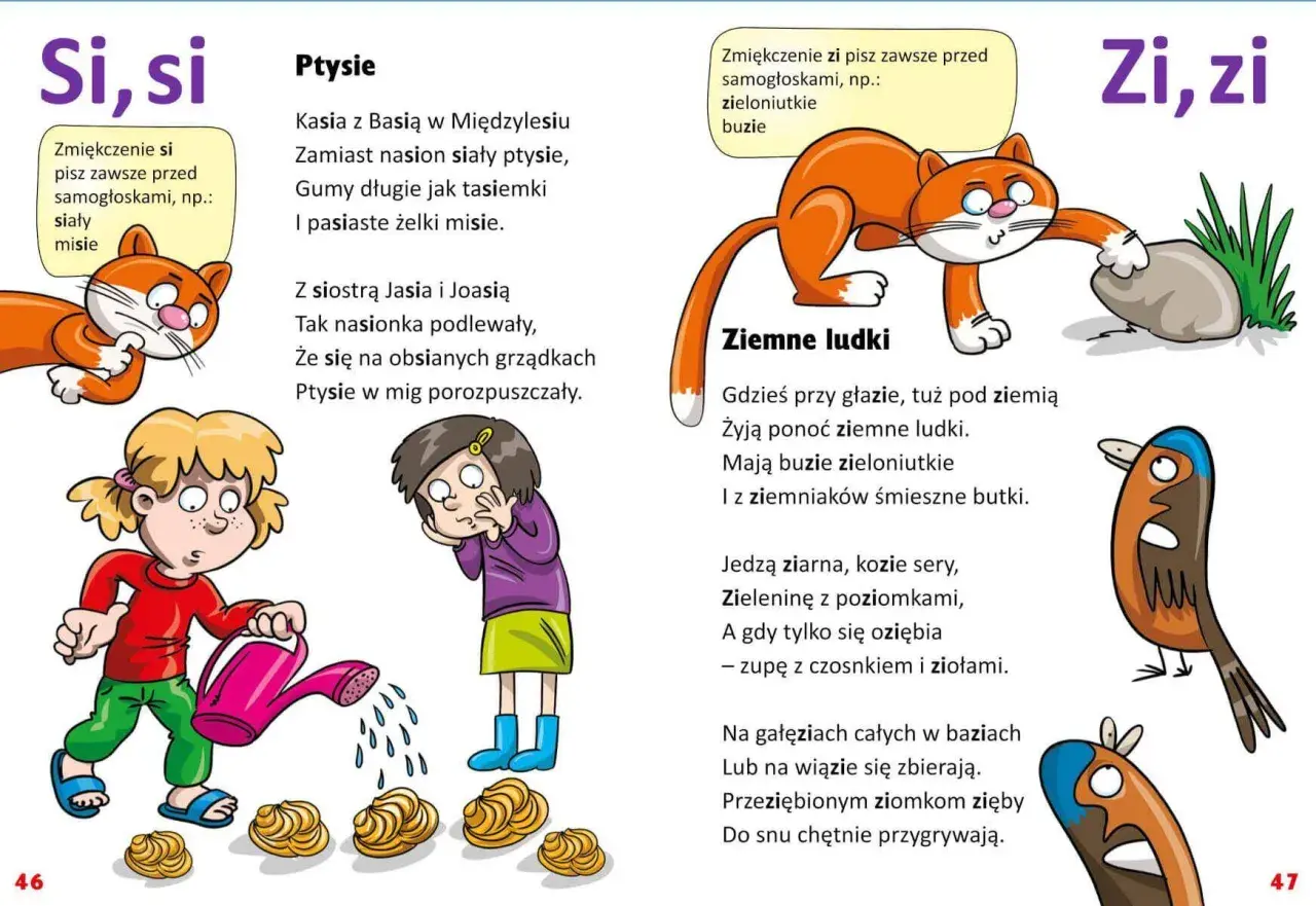 Kotek bawi się kamieniem, a obok ptaszki śpiewają. Dzieci podlewają coś, co wygląda jak ptysie. To krótkie wierszyki śmieszne.