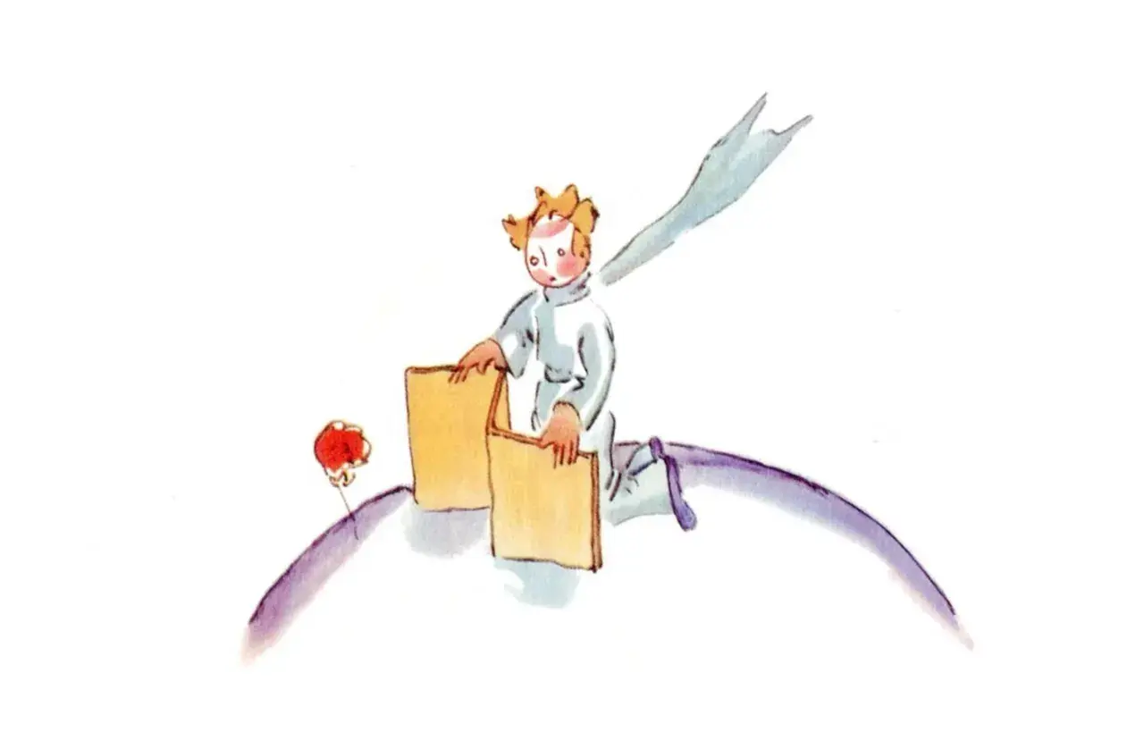Mały Książę z różą i pudełkiem, które narysował Antoine de Saint-Exupéry, autor tej wzruszającej opowieści.