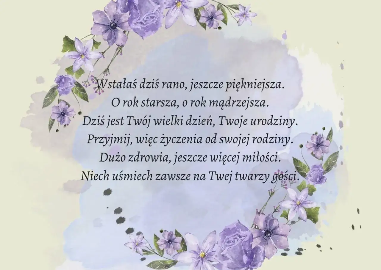 Wierszyk dla kolegi z życzeniami urodzinowymi. Piękne, fioletowe kwiaty otaczają tekst.
