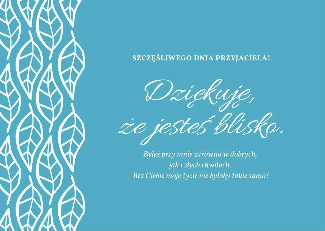 Niebieska kartka z białymi liśćmi i tekstem: 