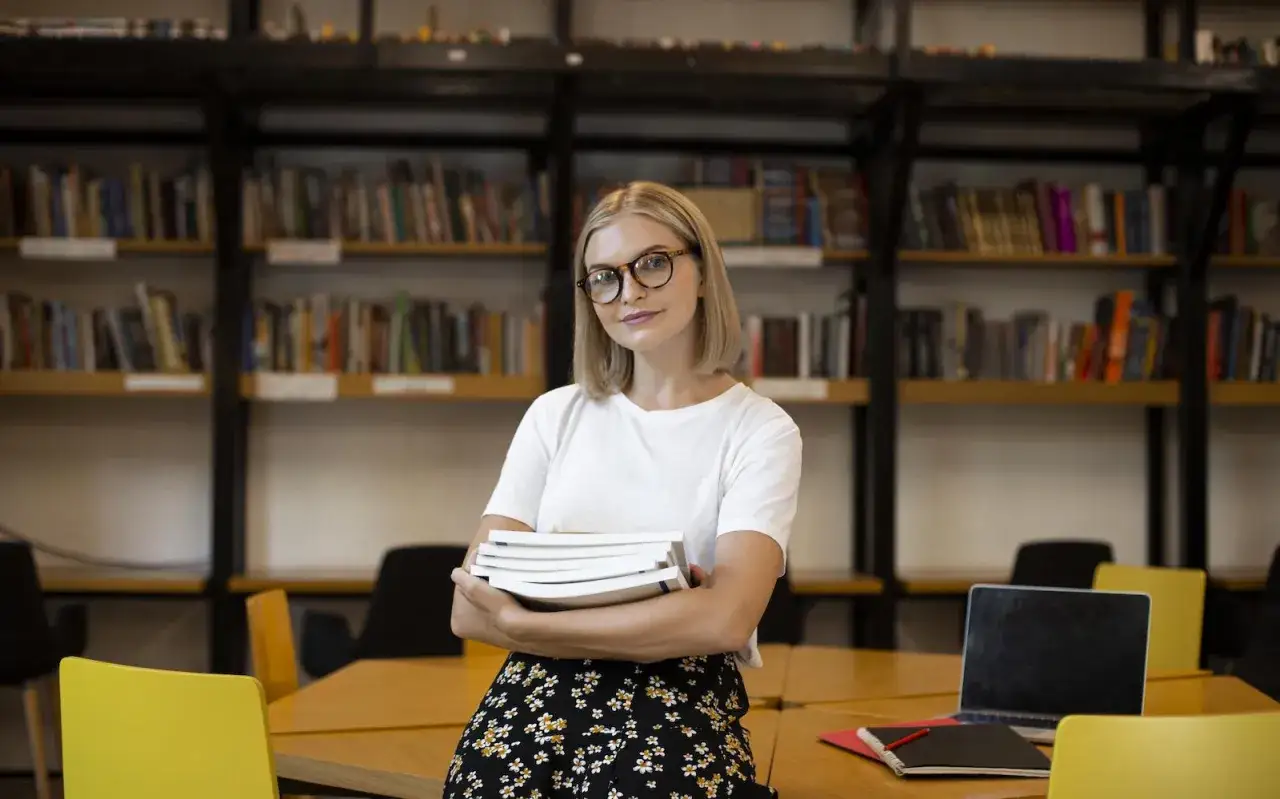 Kobieta z okularami trzyma stos książek, zastanawiając się, czy można oddać swoje książki do biblioteki. W tle regały pełne literatury.
