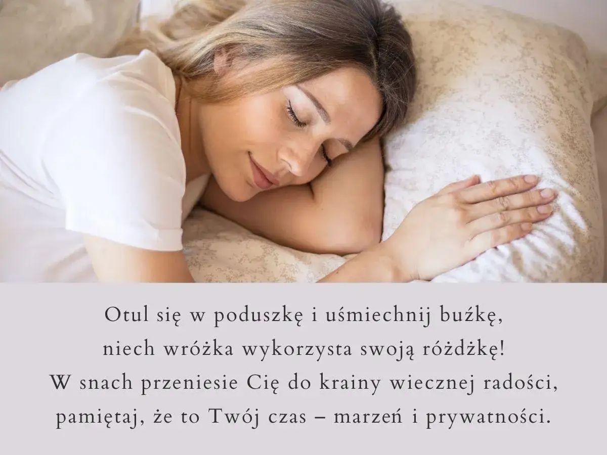 Wiersz na dobranoc dla dziewczyny: śpiąca młoda kobieta, otulona poduszką, marzy o krainie radości.