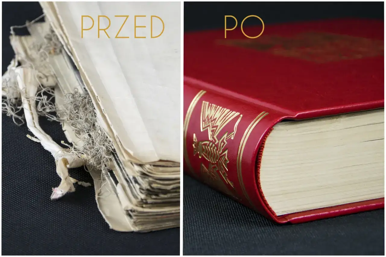 Przed i po: zniszczone, pożółkłe kartki książki kontra odrestaurowana, czerwona oprawa. Dowiedz się, jak wyczyścić brudne kartki książki.