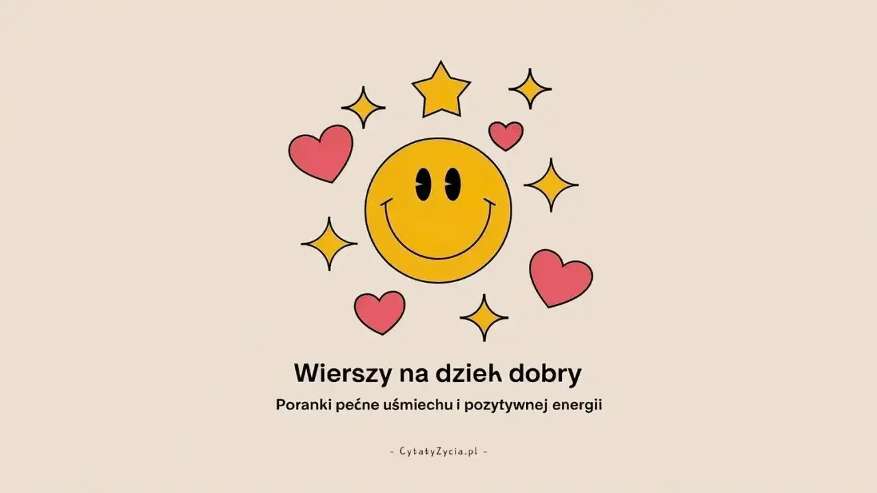 Uśmiechnięta buźka otoczona sercami i gwiazdkami. Wiersze na dzień dobry, które przynoszą uśmiech i pozytywną energię.