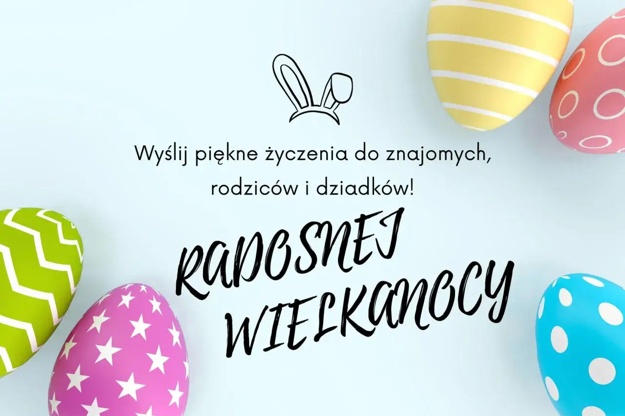Kolorowe pisanki i uszy zajączka zapraszają do wysłania radosnych życzeń wielkanocnych.