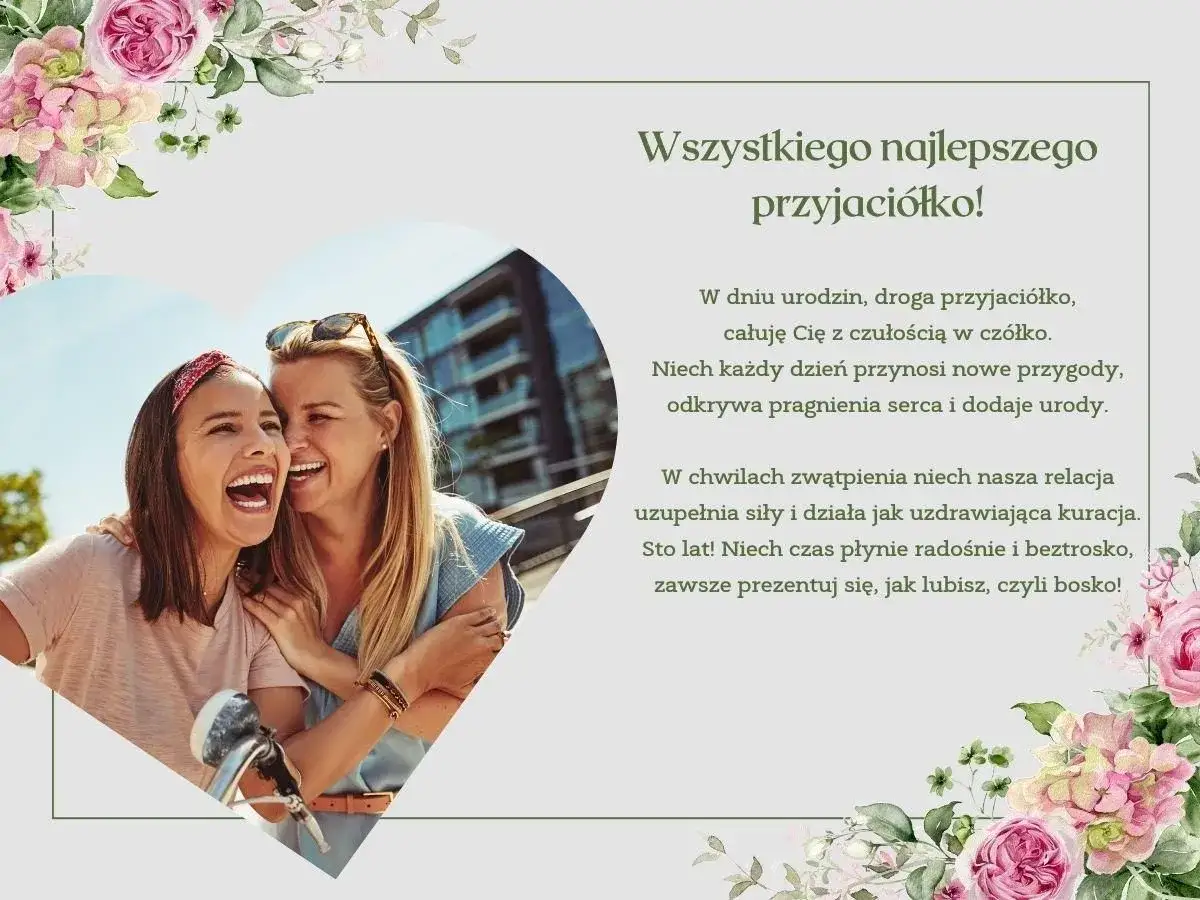 Dwie przyjaciółki śmieją się radośnie, jakby słuchały śmiesznych wierszyków o przyjaźni. Kwiatowa ramka i życzenia urodzinowe.
