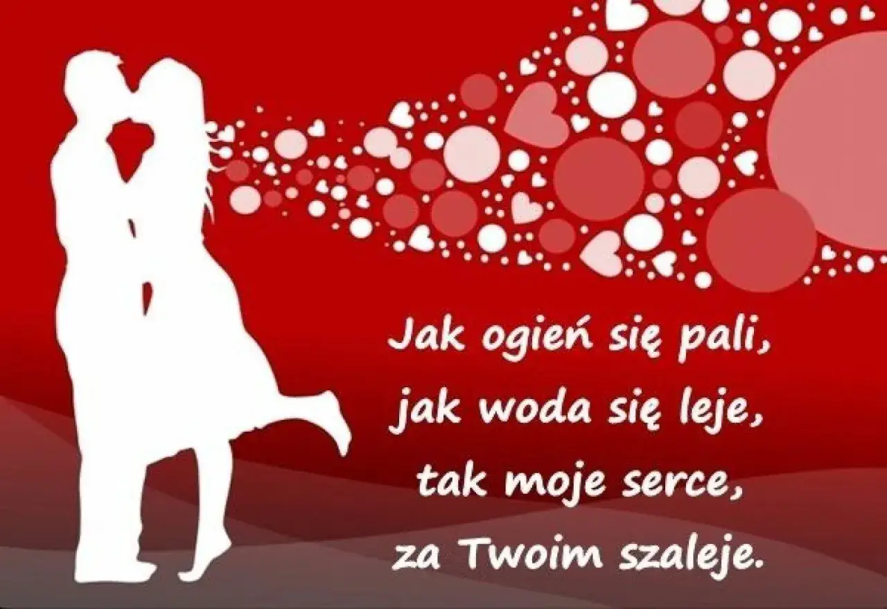 Biała para całująca się na czerwonym tle, otoczona serduszkami i kółkami. Wierszyk o miłości, jak śmieszne rymowanki miłosne.