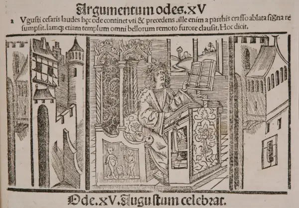 Ilustracja z tekstem "Argumentumodes.XV" przedstawia postać w wieńcu laurowym przy pulpicie, symbolizującą trwałość dzieła, co oznacza "exegi monumentum" – wzniósł pomnik.