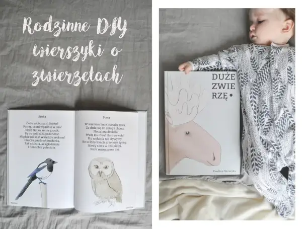 Dziecko śpi obok książki z wierszykami o zwierzętach. Na otwartej stronie sroka i sowa, a na okładce duży łoś. Idealna lektura na dobranoc.