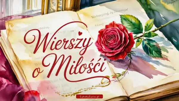 Otwarta księga z napisem "Wierszy o Miłości" i czerwoną różą. Wiersze o miłości, tęsknocie i smutku zaklęte w słowach i kwiatach.
