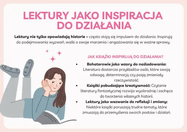Dziewczyna czyta książkę, a tekst wyjaśnia, dlaczego warto czytać lektury: inspirują do działania, pokazują wzory do naśladowania i pobudzają kreatywność.